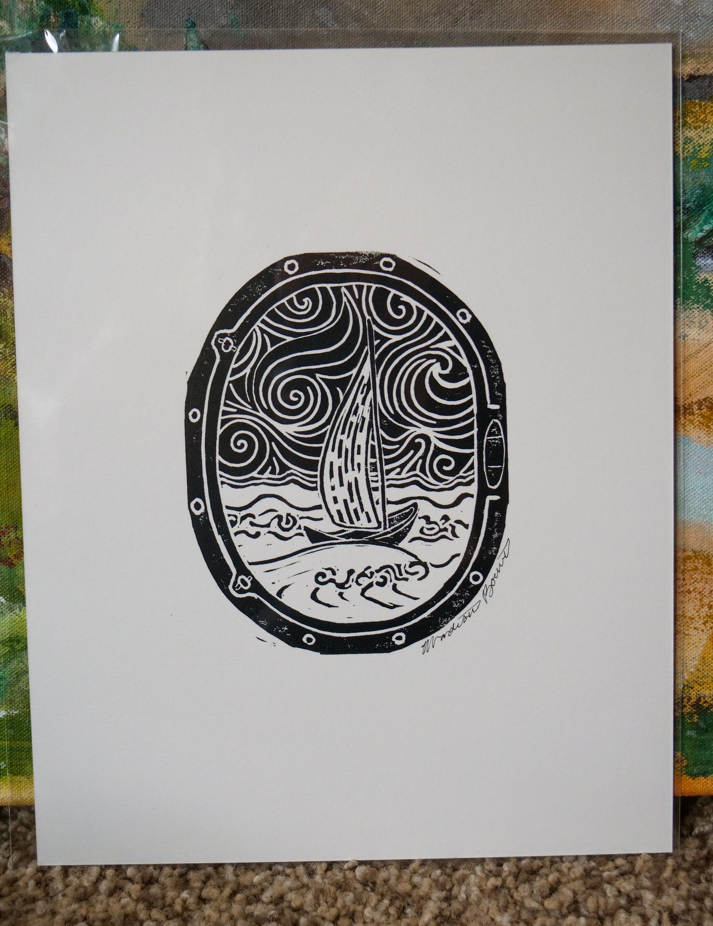 Through the Port Hole Lino Print