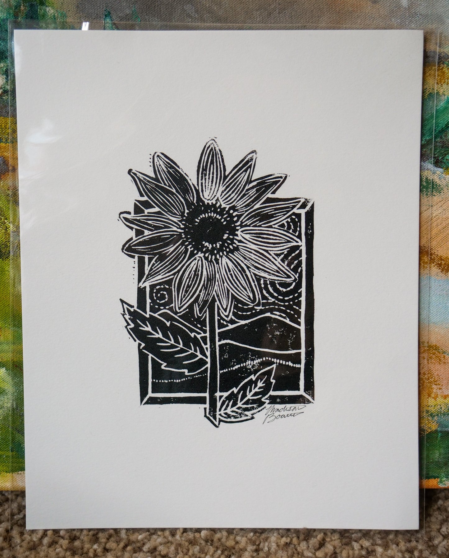 Sunflower in the Window Lino Print