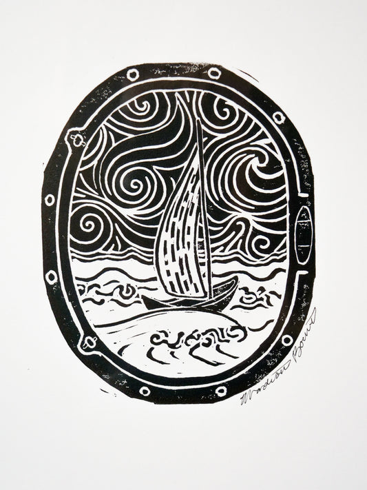 Through the Port Hole Lino Print